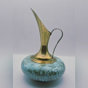 Vintage Hand Painted Delft Holland Ewer Pitcher – Brass & Ceramic Drip Glaze MCM